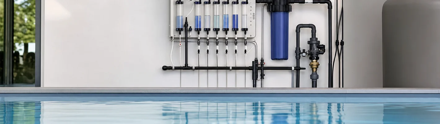 Klares Schwimmbadwasser mit automatischer Dosierstation für die Sauerstoffmethode
