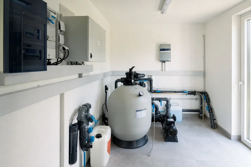 Technikraum mit Sandfilter, Pumpe und automatischer Rückspülsteuerung