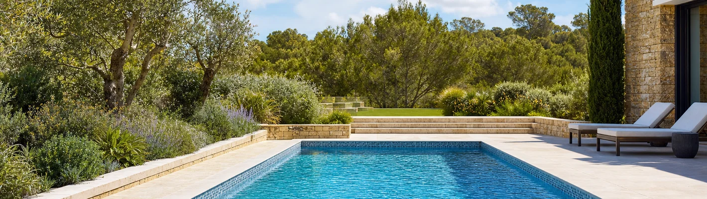 Hochwertiges Betonschwimmbecken mit keramischer Fliesenauskleidung und Mosaik an der Wasserlinie