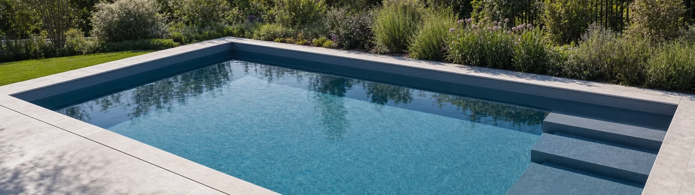 Gemauertes Betonschwimmbecken im Rohbau mit Folienauskleidung, Bewehrung und sauber verputzten Beckenwänden