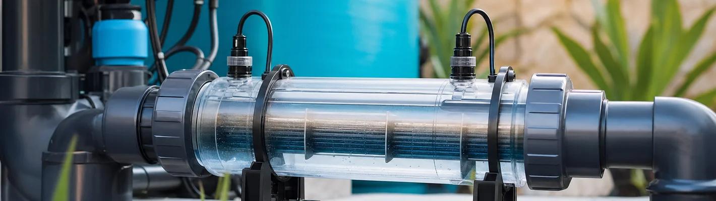 Salzelektrolyseanlage mit Elektrolysezelle an der Schwimmbadtechnik eines modernen Pools