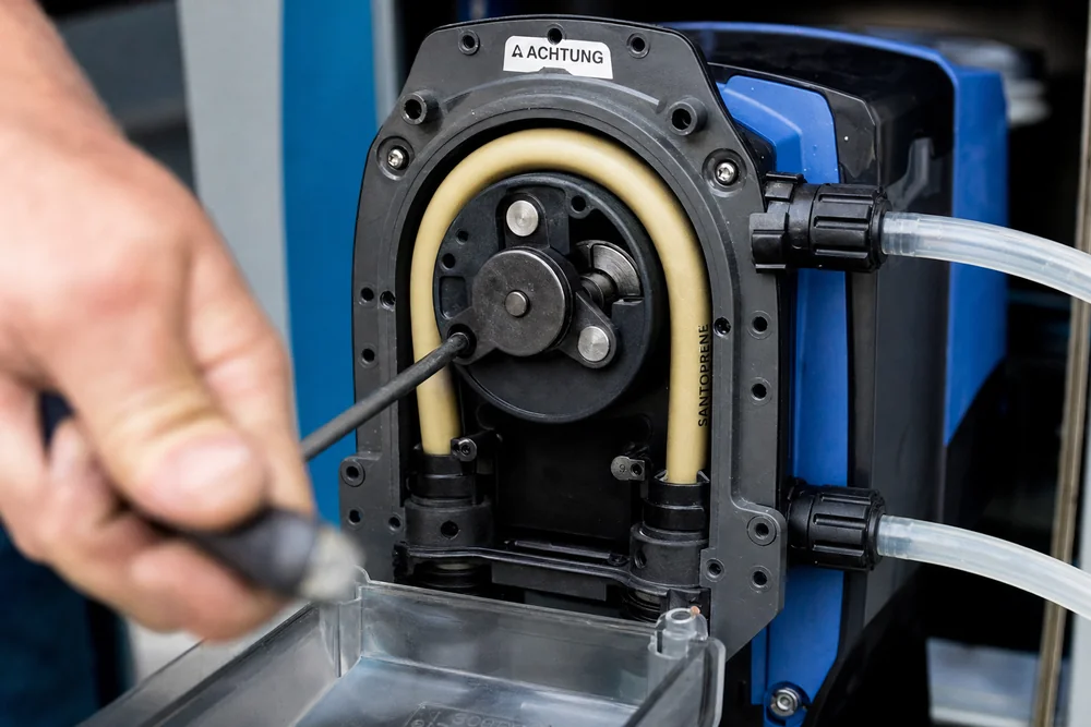 Schlauchpumpe einer Dosieranlage mit geöffnetem Pumpenkopf Schlauchpumpe einer Dosieranlage mit geöffnetem Pumpenkopf