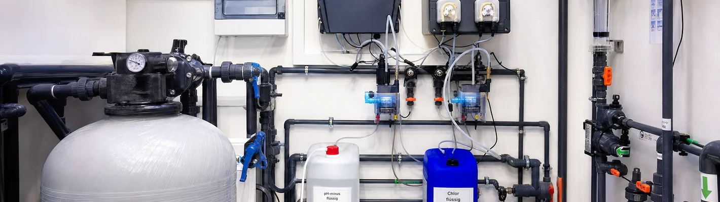 Automatische Pool-Dosieranlage mit Messzelle und Schläuchen im Technikraum