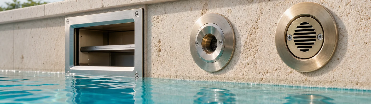 Schwimmbad-Einbauteile aus Kunststoff, Edelstahl und Bronze im Beckenkontext