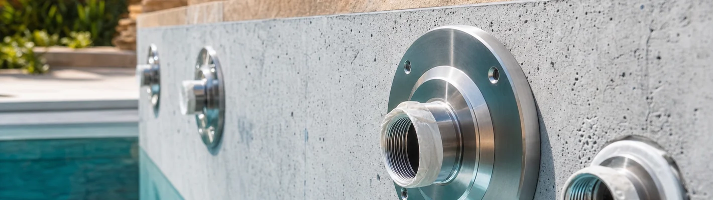 Edelstahl-Einbauteile beim Einbau in eine Betonbeckenwand