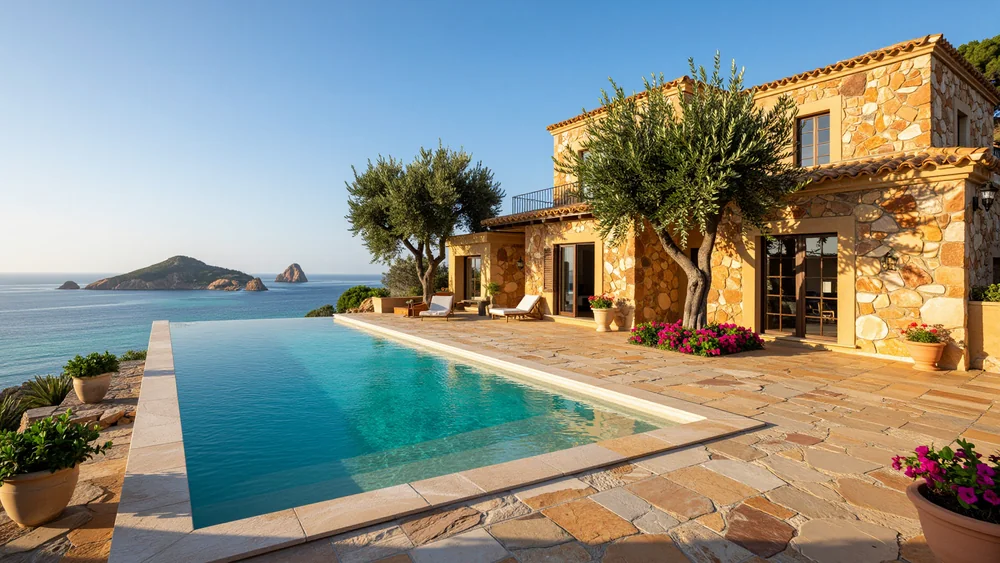 Mediterranes Ferienhaus mit Naturstein-Überlaufpool und Blick auf das Meer Mediterranes Ferienhaus mit Naturstein-Überlaufpool und Blick auf das Meer
