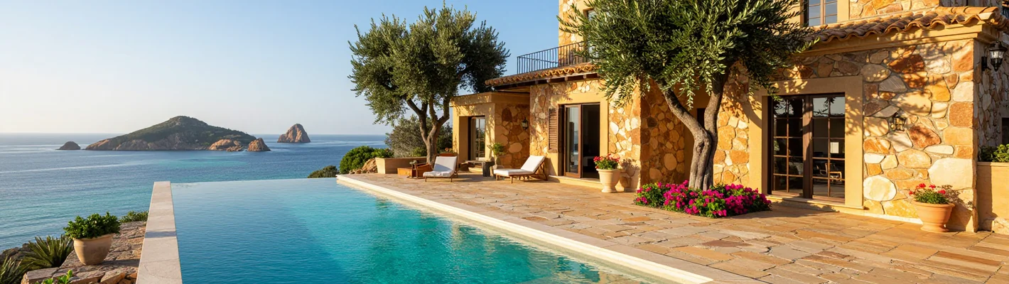 Mediterranes Ferienhaus mit Naturstein-Überlaufpool und Blick auf das Meer