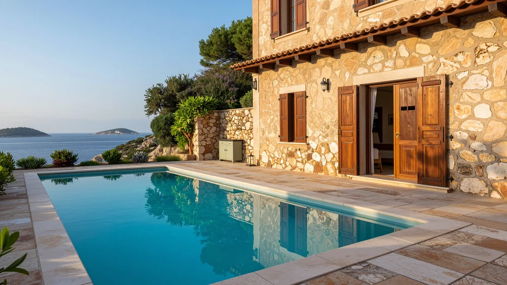 Ferienhaus aus Naturstein mit klarem Pool und Blick auf das Meer, niemand zu Hause