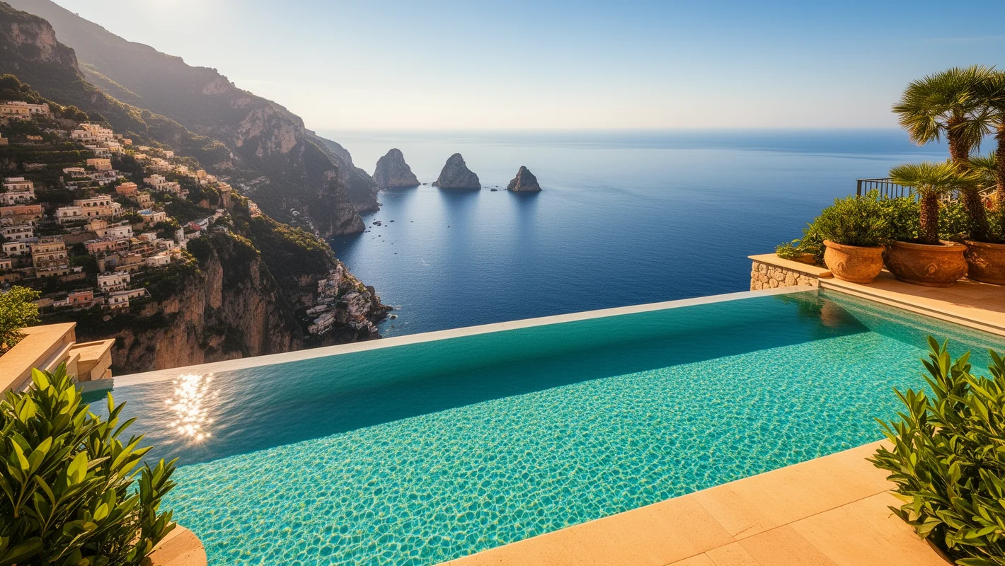 Infinity-Pool auf einer Terrasse über dem Meer, die Wasseroberfläche geht in den Horizont über