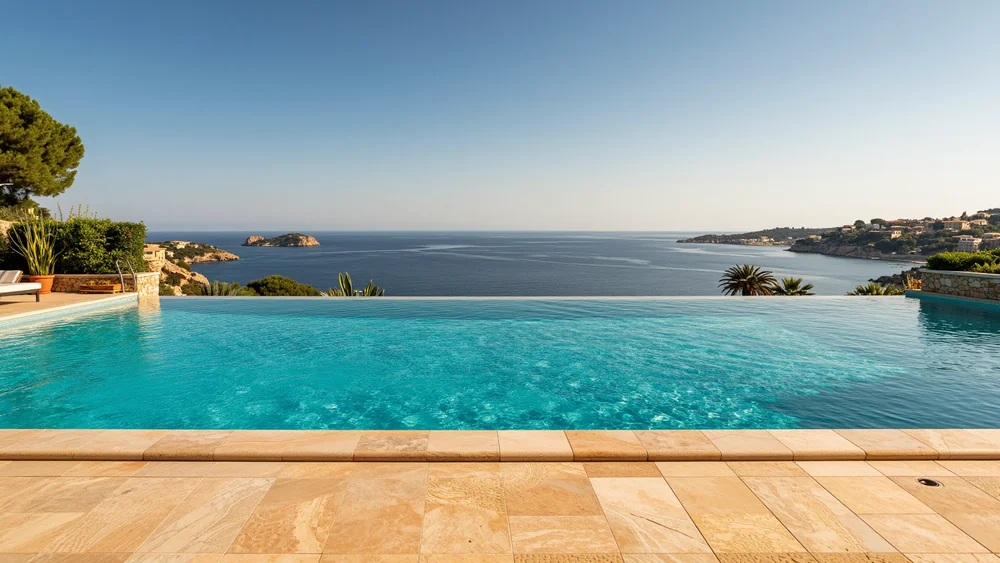 Infinity-Pool auf einer Terrasse über dem Meer, die Wasseroberfläche geht in den Horizont über