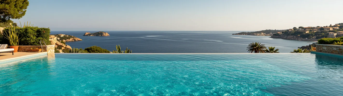 Infinity-Pool auf einer Terrasse über dem Meer, die Wasseroberfläche geht in den Horizont über