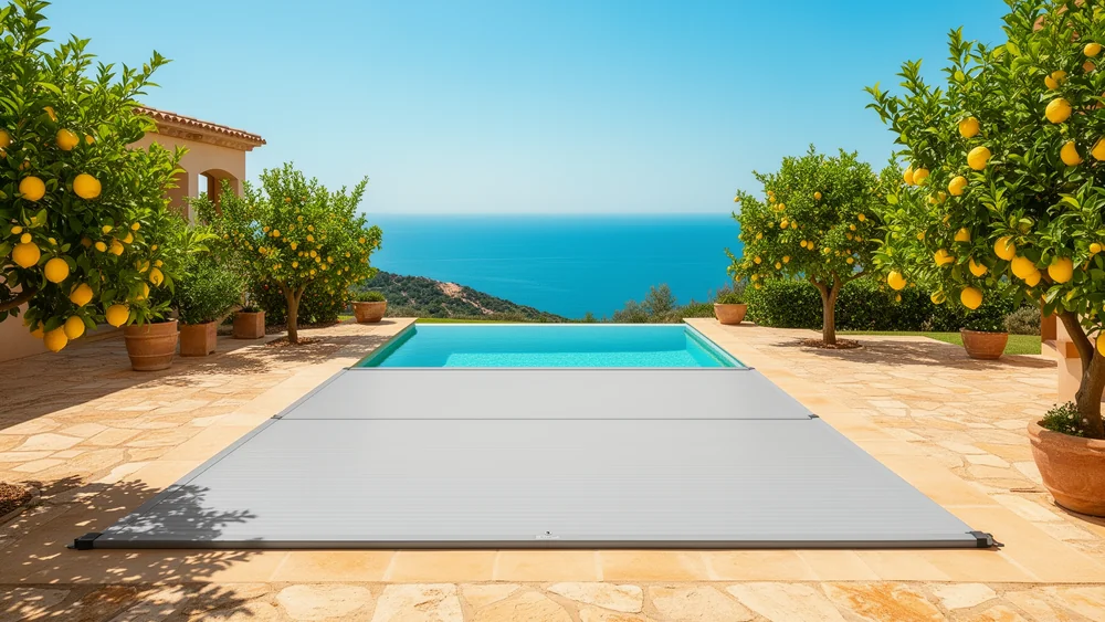 Geschlossene Rollladenabdeckung auf einem Pool in einem mediterranen Garten mit Zitronenbäumen und Meerblick