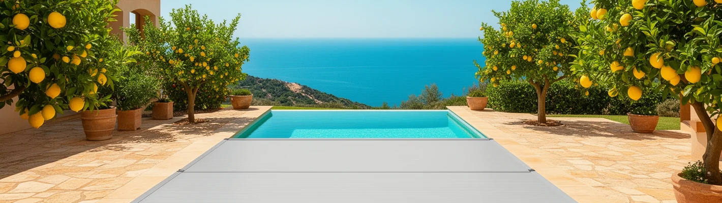 Geschlossene Rollladenabdeckung auf einem Pool in einem mediterranen Garten mit Zitronenbäumen und Meerblick
