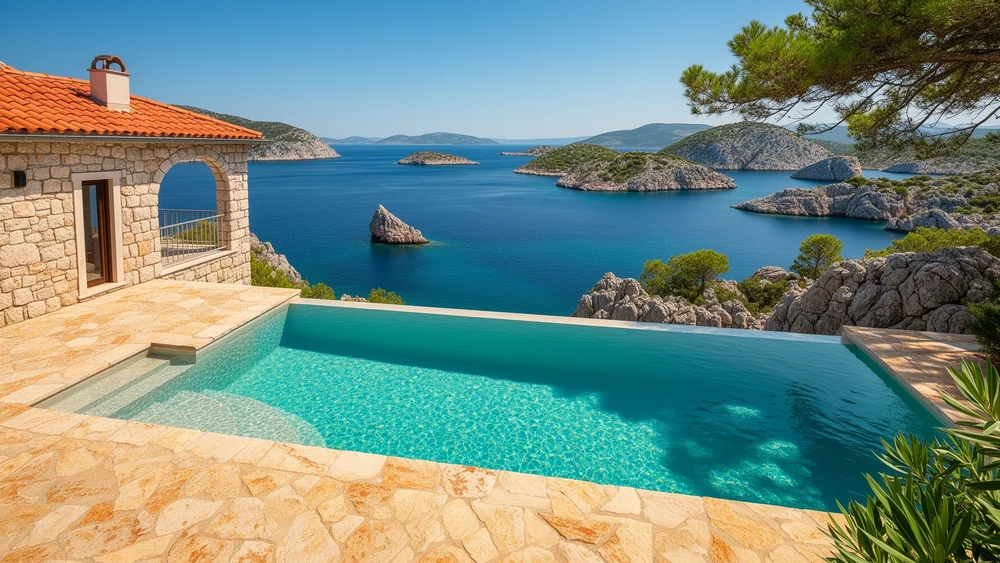 Ferienhaus aus Naturstein in Dalmatien mit Überlaufpool und Blick auf die Inseln vor Šibenik