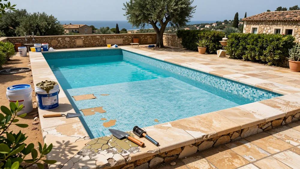 Entleerter Pool im Innenhof einer alten Steinfinca während der Sanierung, neue Mosaikfliesen werden verlegt