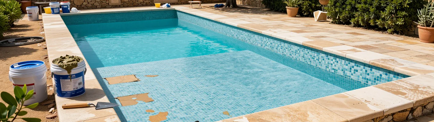 Entleerter Pool im Innenhof einer alten Steinfinca während der Sanierung, neue Mosaikfliesen werden verlegt