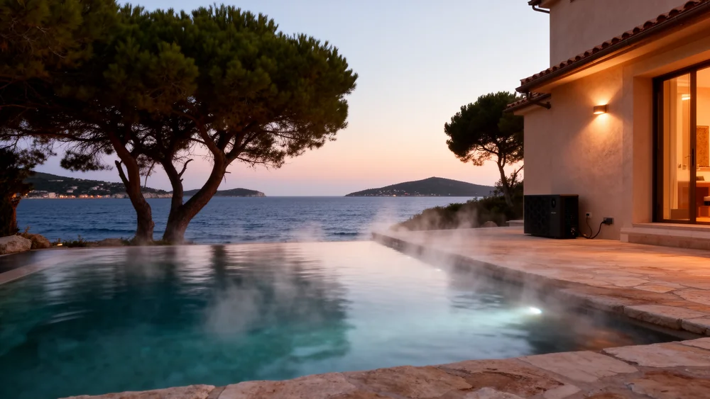 Naturstein-Pool eines Ferienhauses in der Abenddämmerung mit aufsteigendem Dampf, Meer und Inseln im Hintergrund, Wärmepumpe an der Hauswand