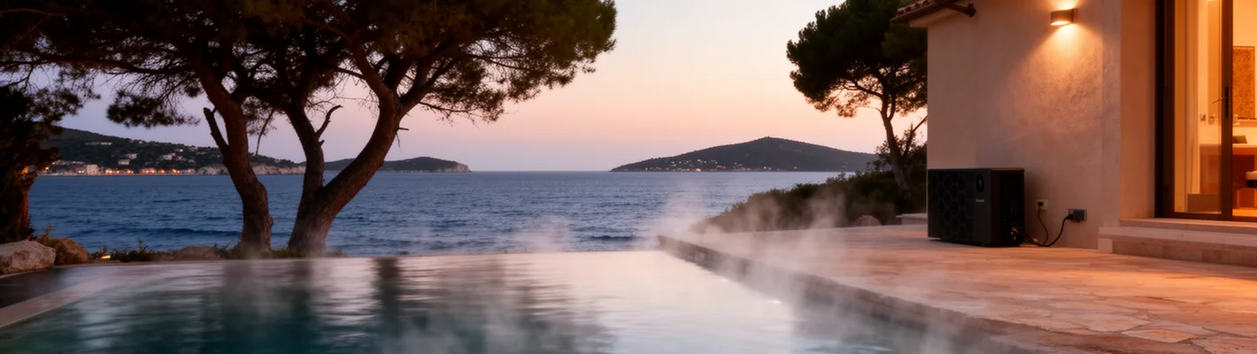 Naturstein-Pool eines Ferienhauses in der Abenddämmerung mit aufsteigendem Dampf, Meer und Inseln im Hintergrund, Wärmepumpe an der Hauswand