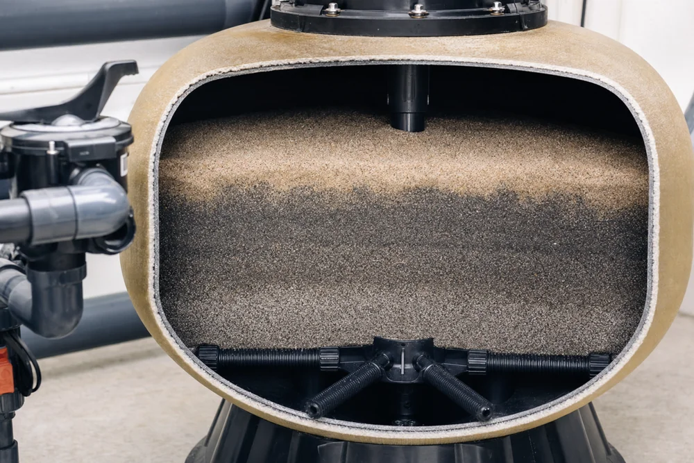 Querschnitt eines Sandfilters mit ungleichmäßiger Durchströmung des Filterbetts