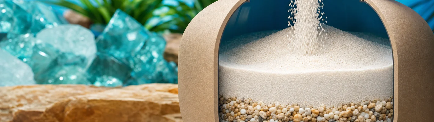 Filtermaterial für Pool-Sandfilter: Quarzsand, AFM Filterglas und mehrschichtige Filterfüllung im Schnitt durch einen offenen Filterkessel