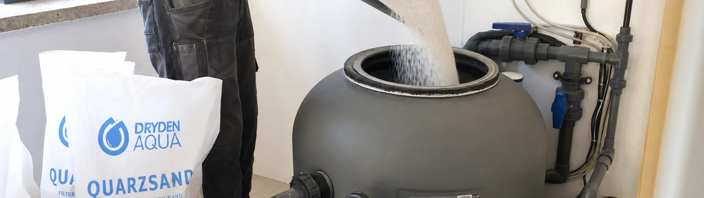 Filtersand wird in einen geöffneten Sandfilterkessel eingefüllt