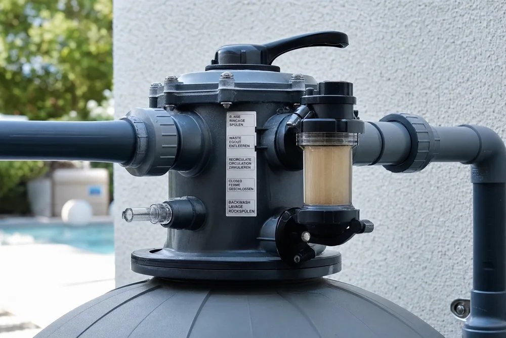 Rückspülvorgang am Sandfilter mit trübem Wasser im Sichtglas
