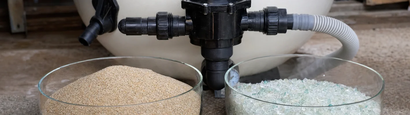 Filtersand und Filterglas im direkten Vergleich neben einem Sandfilterkessel