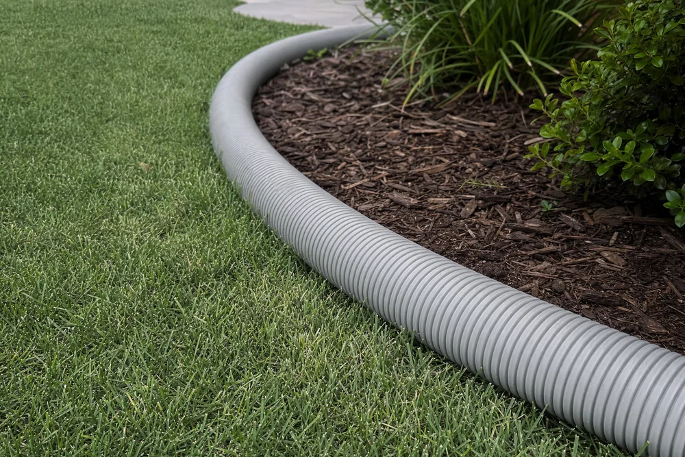 PVC-Flexrohr wird in einem großen Bogen ohne Knick verlegt PVC-Flexrohr wird in einem großen Bogen ohne Knick verlegt