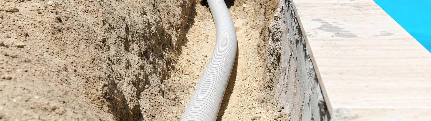 Verlegtes PVC-Flexrohr im Sandbett eines Pool-Rohrgrabens vor der Verfüllung Verlegtes PVC-Flexrohr im Sandbett eines Pool-Rohrgrabens vor der Verfüllung