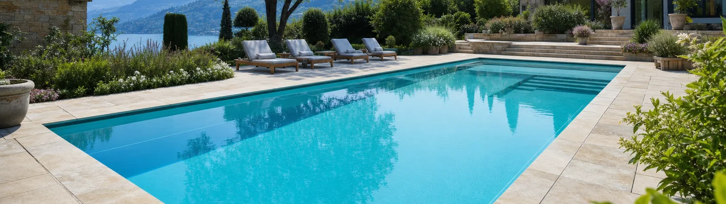 Mit Schwimmbadfolie ausgekleidetes Betonbecken mit klarem türkisfarbenem Wasser