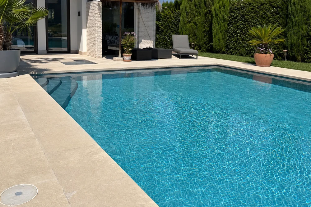 Klares Poolwasser nach einem Teilwasserwechsel im Sonnenlicht