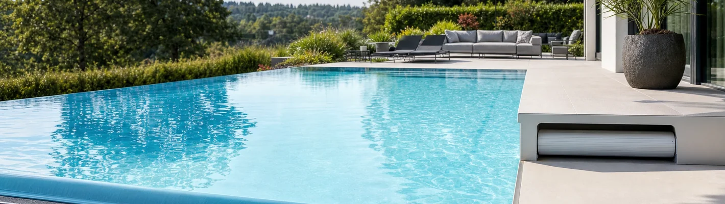 GFK-Elementschwimmbecken mit randloser Überlaufrinne und Lamellenabdeckung im modernen Garten