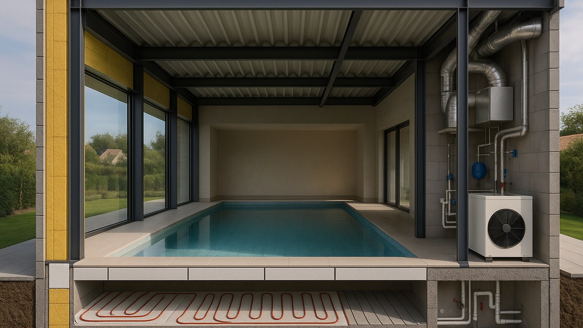 Architektonischer Querschnitt durch ein privates Hallenbad, Wärmedämmung, Bodenaufbau, Glasfassade, Statik und Klimatechnik im Zusammenspiel