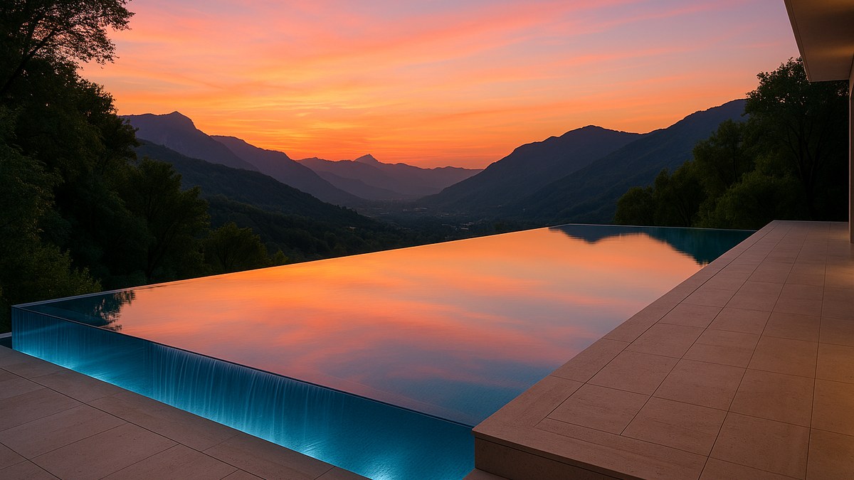 Infinity-Pool mit Horizont-Effekt, randlose Wasseroberfläche fließt visuell in den Hintergrund