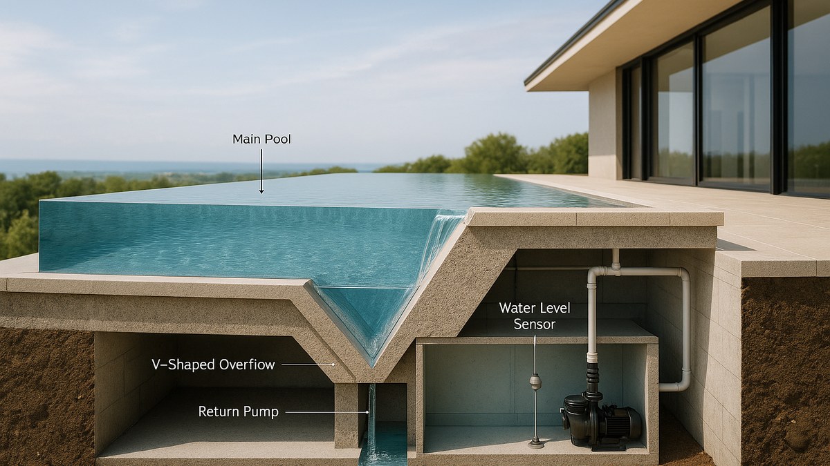 Architektonischer Querschnitt durch einen Infinity-Pool, Hauptbecken, Überlaufkante, Auffangrinne, Ausgleichsbehälter, Pumpe