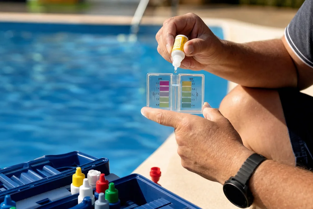 Wassertest zur Bestimmung von pH-Wert und Wasserhärte am Pool
