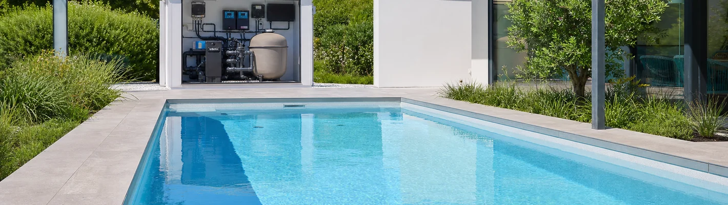 Klares, hygienisch aufbereitetes Poolwasser an einem sonnigen Tag