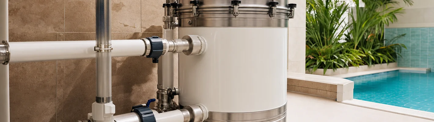 Kieselgurfilter — Anschwemmfilter-Behälter im Pool-Technikraum