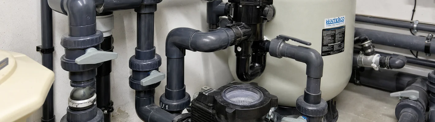 PVC-Kugelhähne und Verschraubungen an der Verrohrung einer Pooltechnik