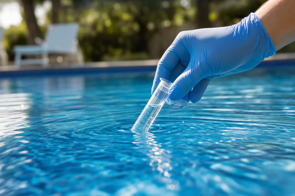 Hand entnimmt eine Wasserprobe aus dem Pool für die Analyse