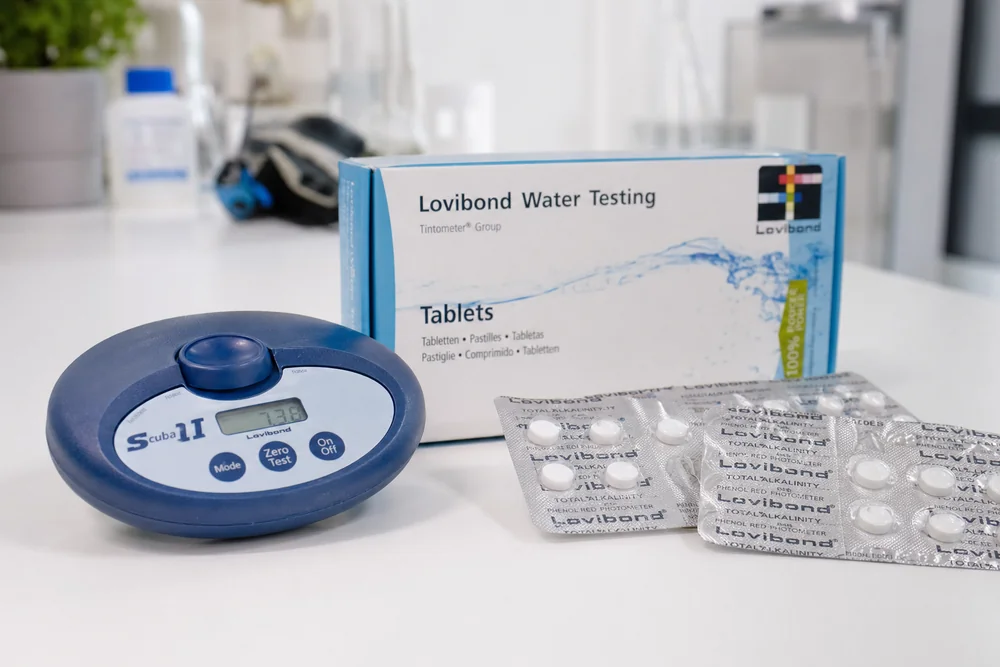Photometer und Reagenztabletten zur Bestimmung von Härte und Alkalität