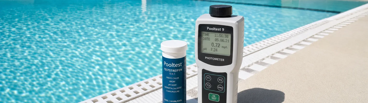 Ausgewogenes, klares Poolwasser mit Messgeräten zur Wasseranalyse