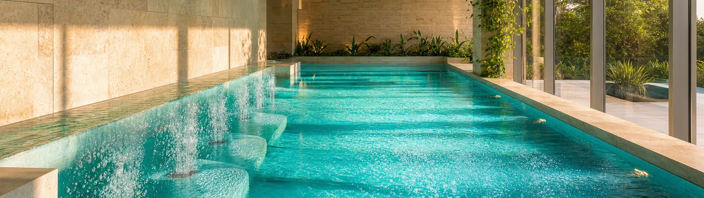 Luftsprudel im Pool — feine Luftblasen steigen aus Sitzfläche und Beckenboden auf