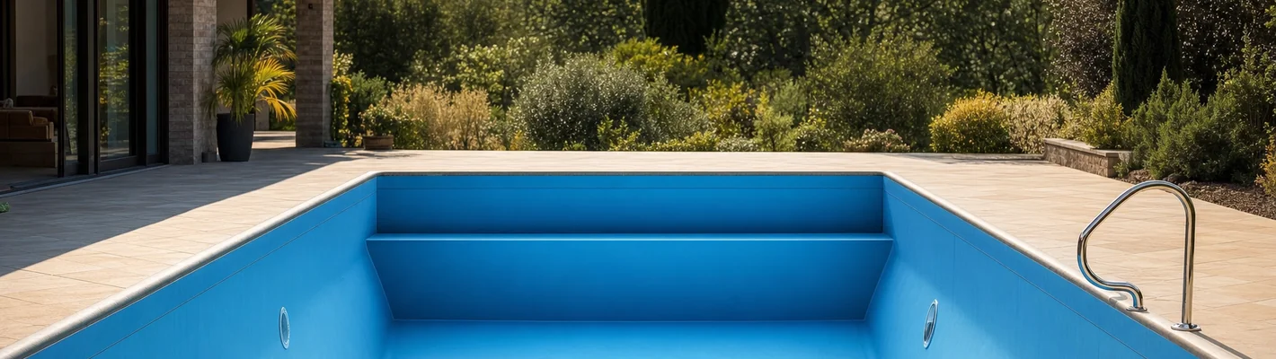 Schwimmbecken mit passgenau eingehängter blauer PVC-Einhängefolie und sauberem Randabschluss