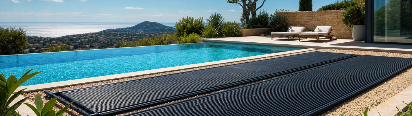 Schwimmbad-Solaranlage Premium mit Solarabsorbern am Pool