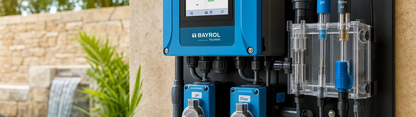 Mess- und Regeltechnik im Schwimmbad mit pH- und Redox-Elektroden in der Durchlaufarmatur und Dosierpumpen im Technikraum