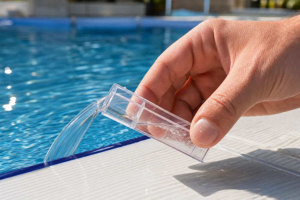 Befüllen einer sauberen Messküvette mit Poolwasser für den DPD-Test