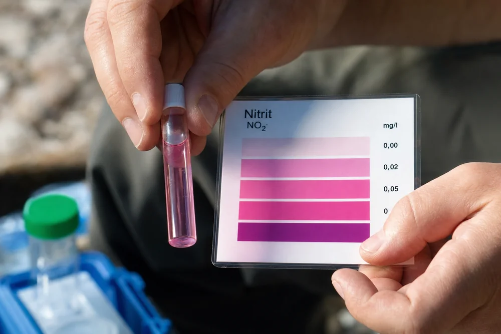 Vergleich der Farbreaktion eines Wassertests gegen eine Farbskala