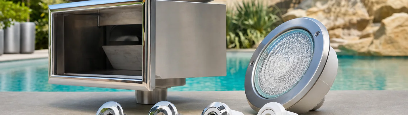 MTS Einbauteile aus Kunststoff und Edelstahl im Pool-Technikkontext