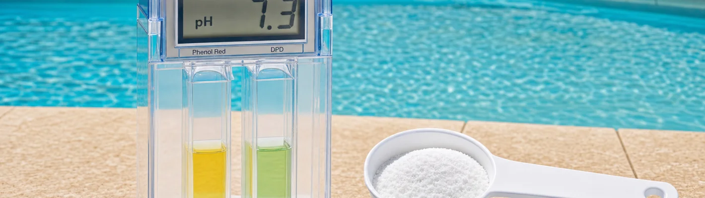 Pool-Wassertest mit Photometer, Reagenzgläschen und pH-Minus-Granulat auf weißem Beckenrand